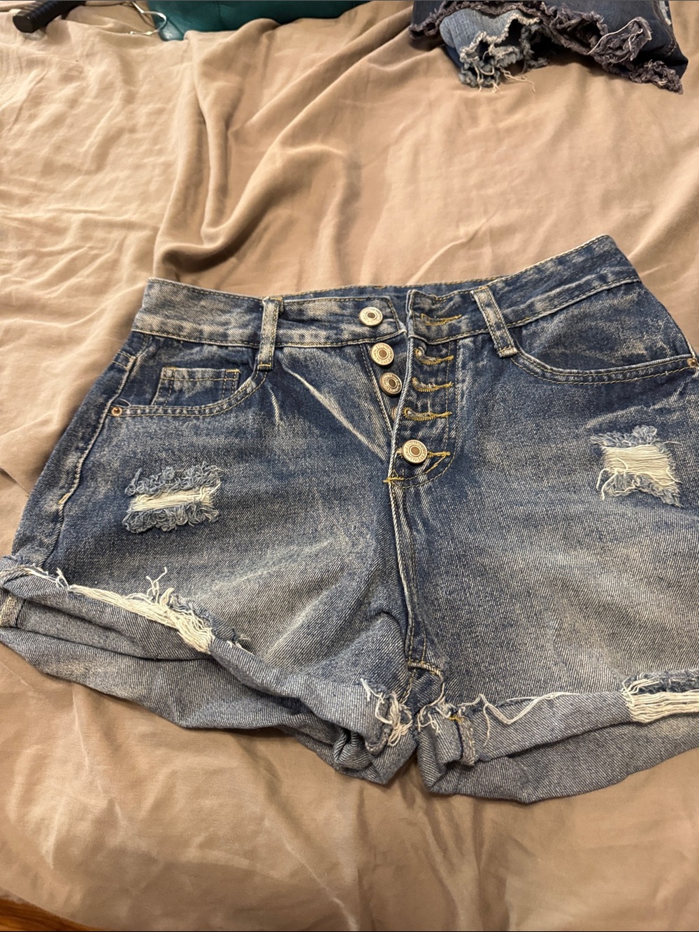 Distressed High-Rise Denim Shorts - Blue